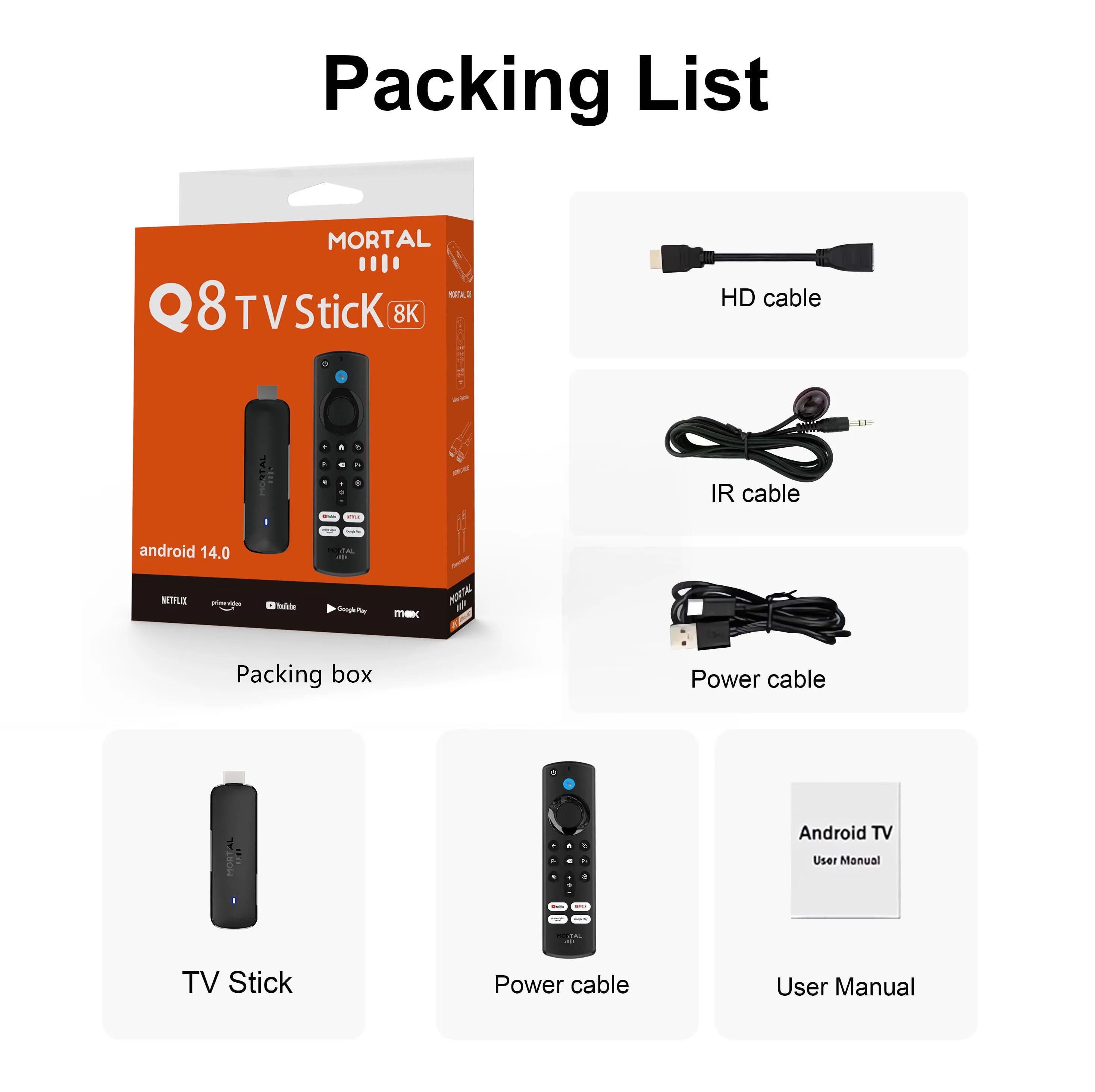 Mortal Android 14 TV Stick Full HD 4K 1080P WiFi 6 Google Voice NETFLIX Youtube Q8 BT5 24Fps Wireless Video Decode Media Player