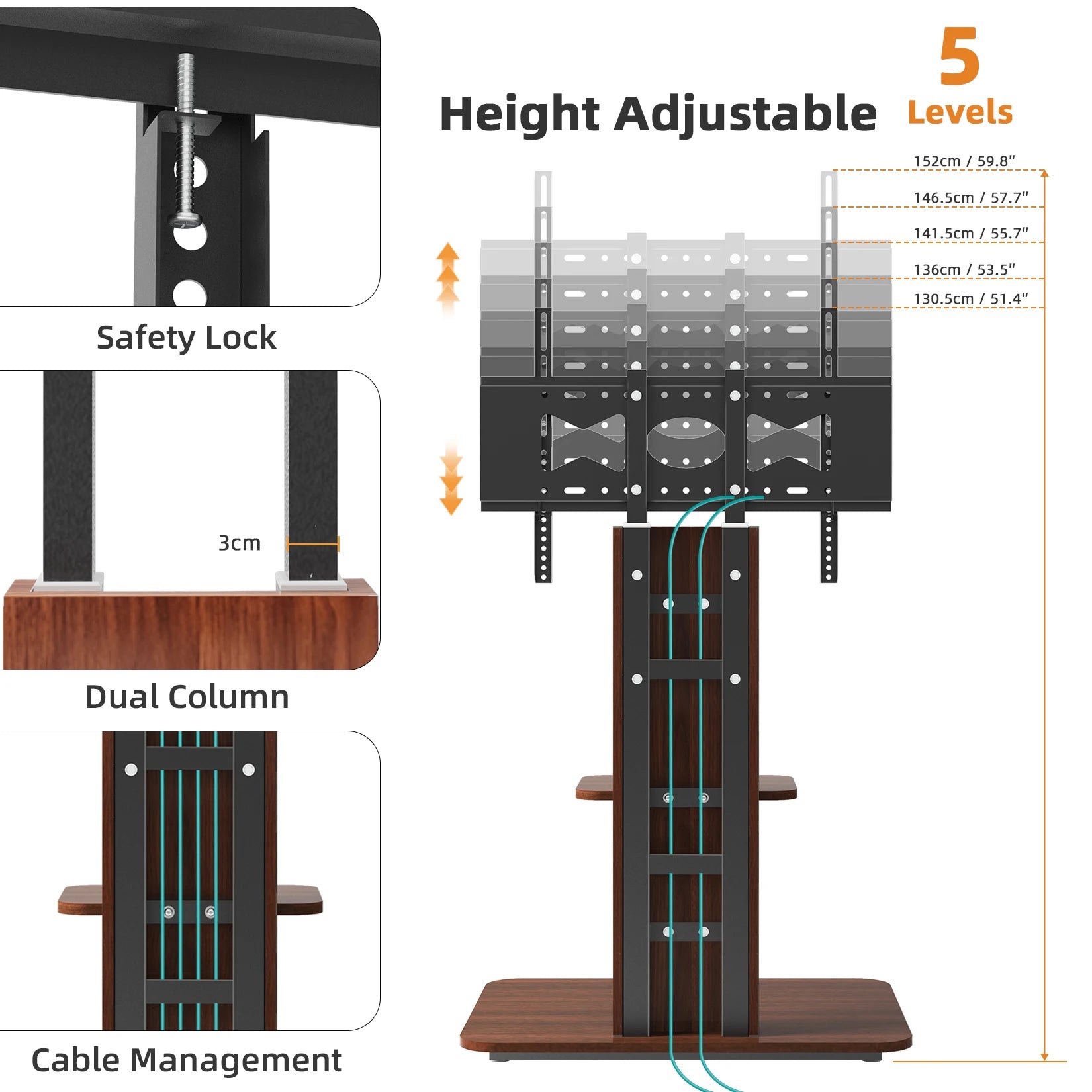 Wood Floor TV Stand Universal TV Mount for 32-65 Inch LCD LED Height Adjustable