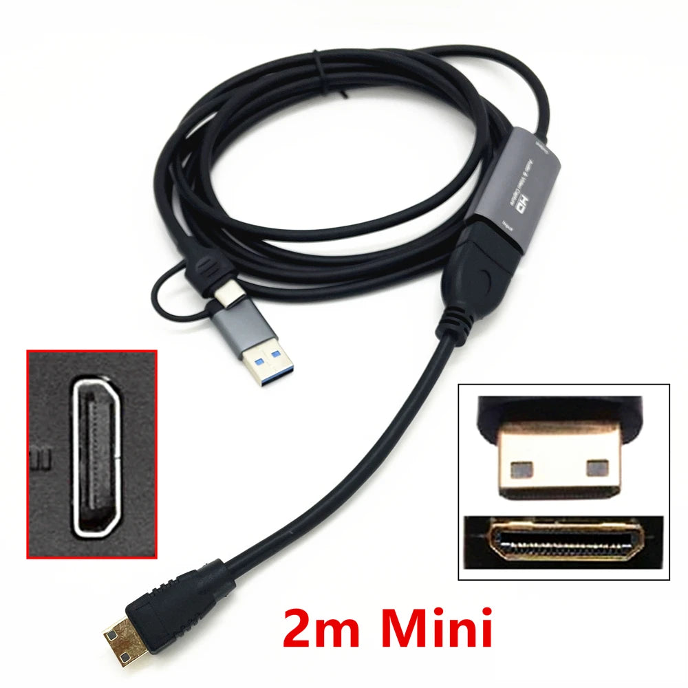 2in1 USB & Type-C to Micro / Mini HDMI-compatible Video Capture Card Live Streaming Cable for Sony Canon Nikon Fuji Camera PC 4K
