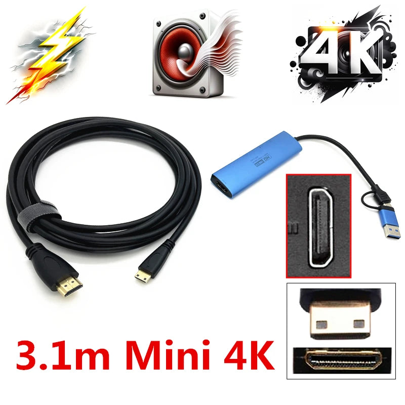 2in1 USB & Type-C to Micro / Mini HDMI-compatible Video Capture Card Live Streaming Cable for Sony Canon Nikon Fuji Camera PC 4K