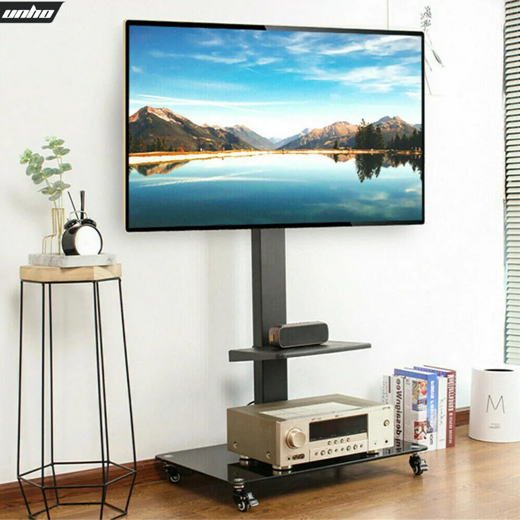 Tilting Height Adjustable TV Floor Stand Mount Display Trolley with Locking Wheels Two Shelves Free HD Cable for 32-65 Inch