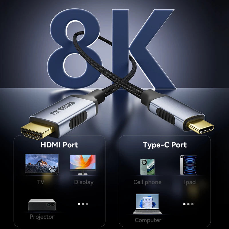 Type C to HDMI-Compatible HDTV Cable 4K@120Hz 8K@60Hz USB C to HDMI Cable for Air iPad TV Converter MacBook USB-C HDMI Adapter