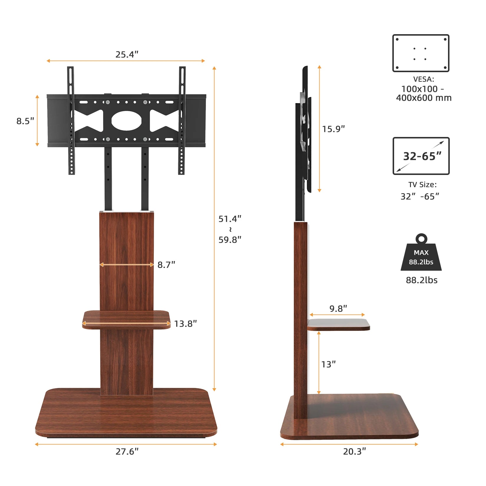 Wood Floor TV Stand Universal TV Mount for 32-65 Inch LCD LED Height Adjustable