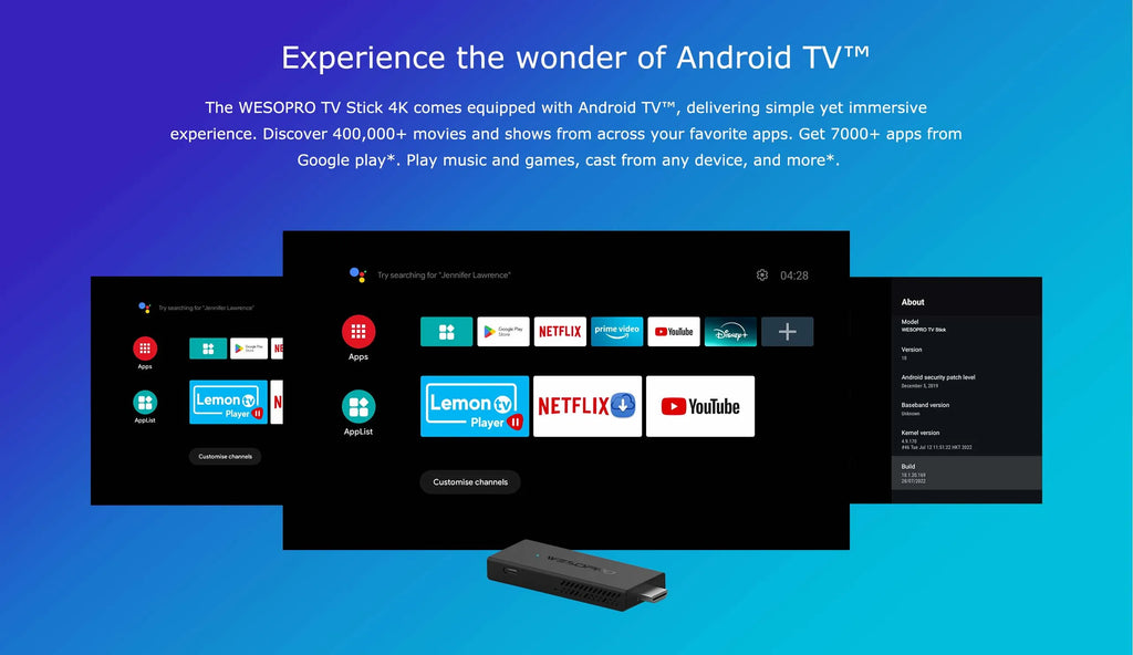 WESOPRO TV Stick G2 Android 12 Smart TV Dongle 2GB RAM 16GB ROM 2.4GHz 5.0GHz Wifi 6 BT5.0 H.265 4K 30pfs VS Xiaomi Mi TV Stick