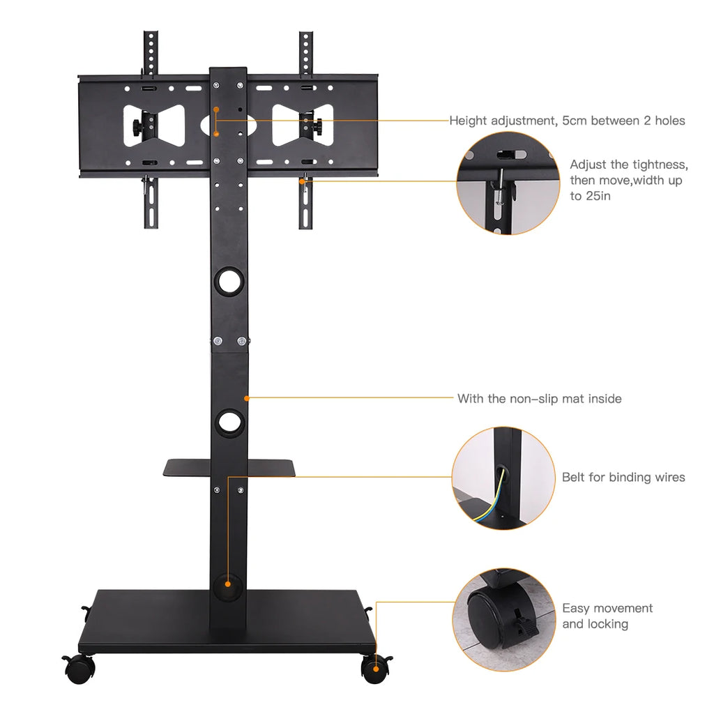 Rolling Floor TV Stand Tilting Height Adjustable for 32-70 Inch Portable TV Trolley Cart