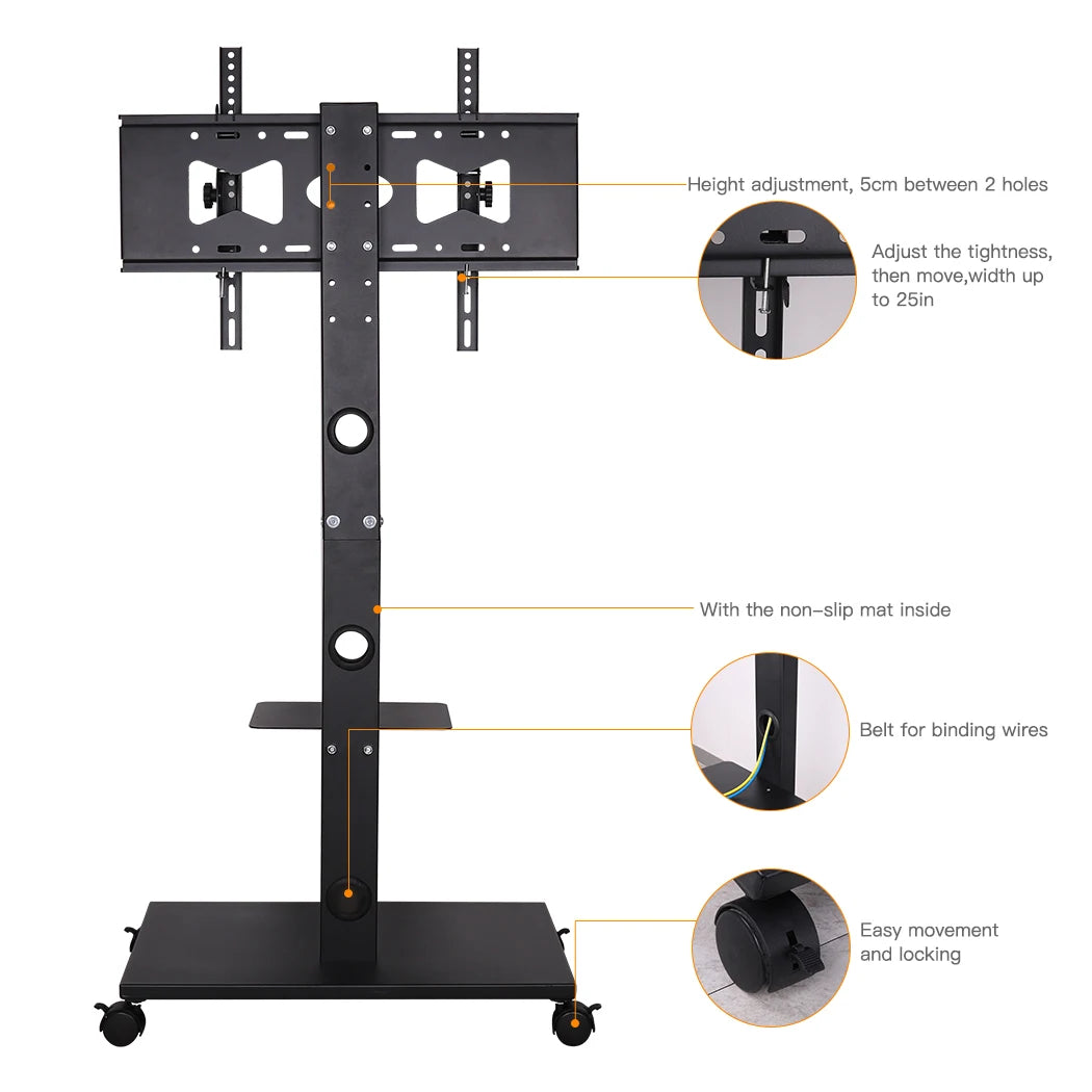 Rolling Floor TV Stand Tilting Height Adjustable for 32-70 Inch Portable TV Trolley Cart