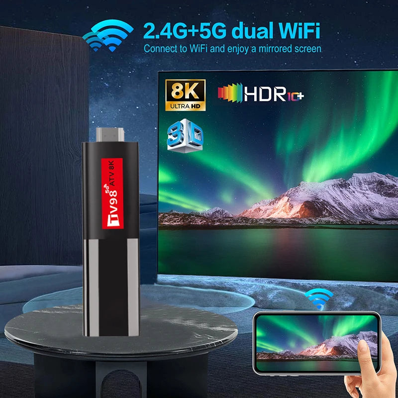 Android 14 TV Stick TV98 ATV 8K Mini Support 8K 4K Video BT5.0 4G 5G Dual WiFi 6 Voice Remote H618 Quad Core A53 Smart TV Stick