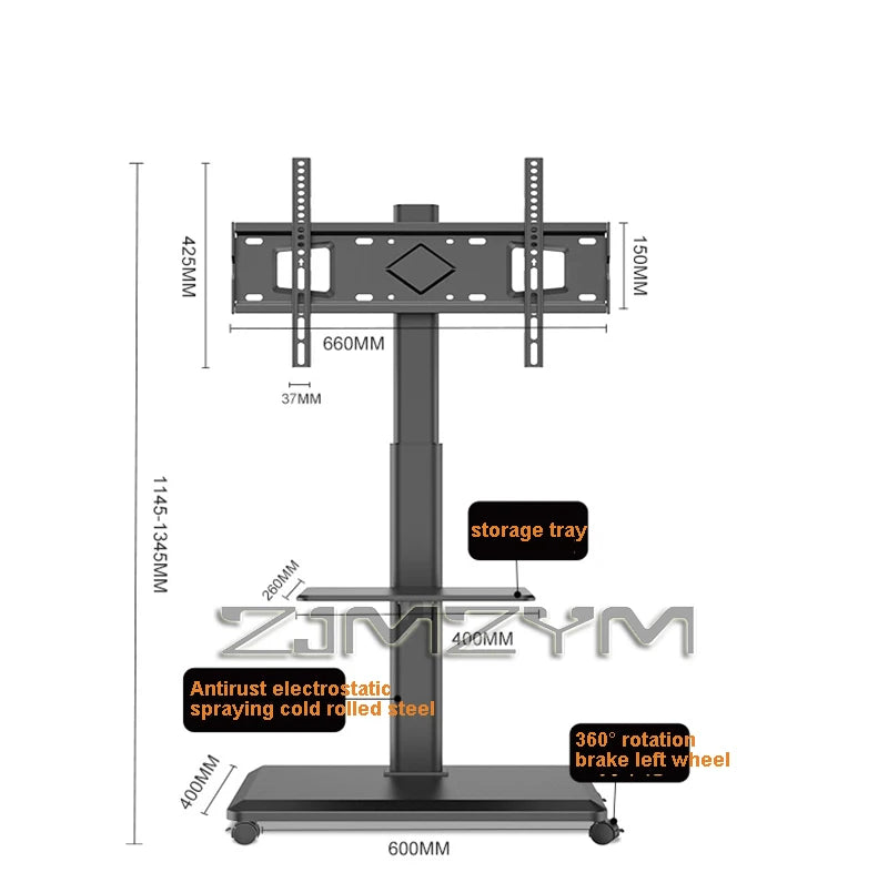 Mobile TV Stand Height Adjustable TV Stand with Wheels Double Tray for Audio-Visual Devices Rolling TV Stand