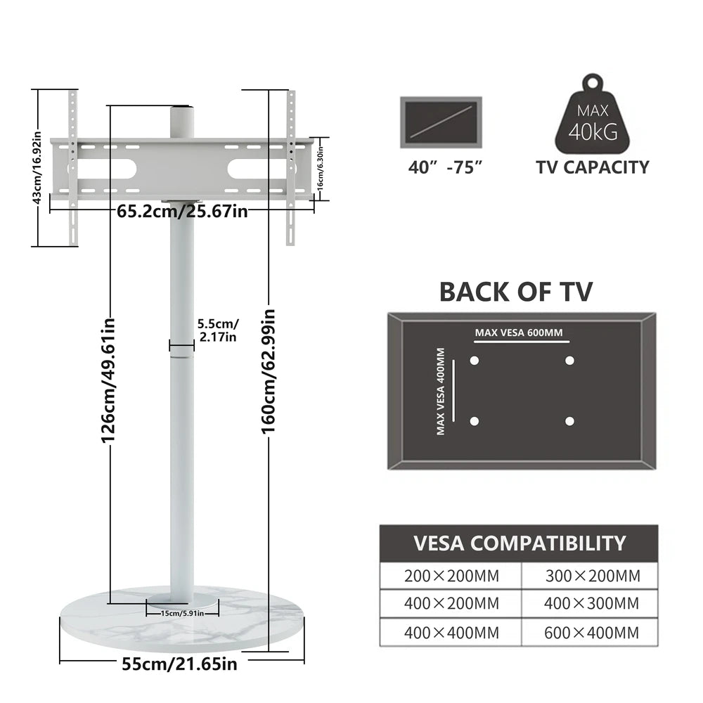 Modern Corner TV Floor Stand Mount Mobile TV Cart for 40-75 Inches with Sintered Stone Base and Rolling Wheels