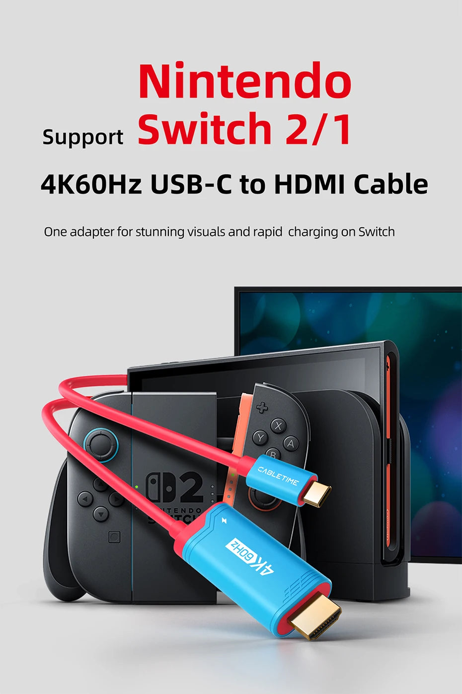 CABLETIME Switch 2 HDMI Cable USB C to HDMI Cable  Adapter 4K 60Hz HDR PD 100W for Nintendo Switch 1 Switch 2 OLED PS4/5 Laptops