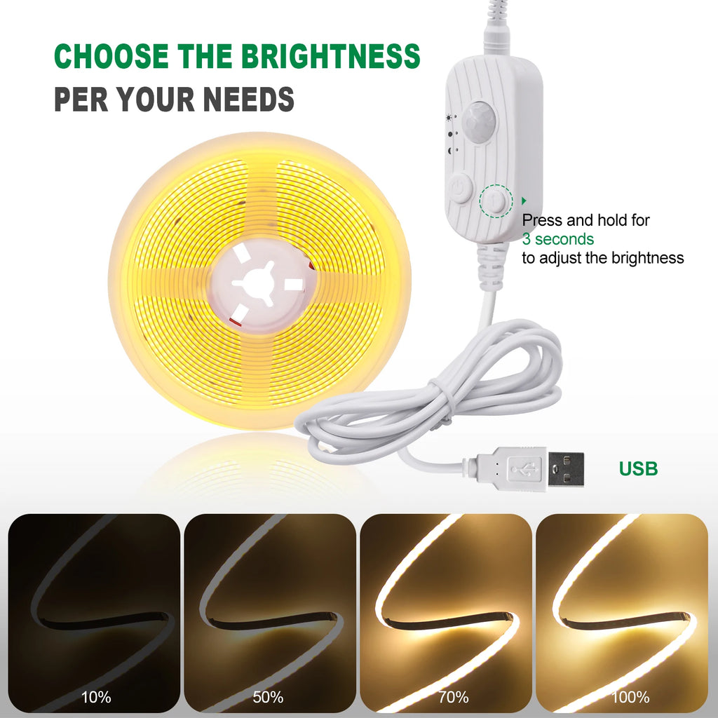 LED COB Light Strip Motion Sensor Flexible Diode Tape 3mm 5V USB Linear Indoor Lighting Lamp Room DIY TV Mirror Backlight