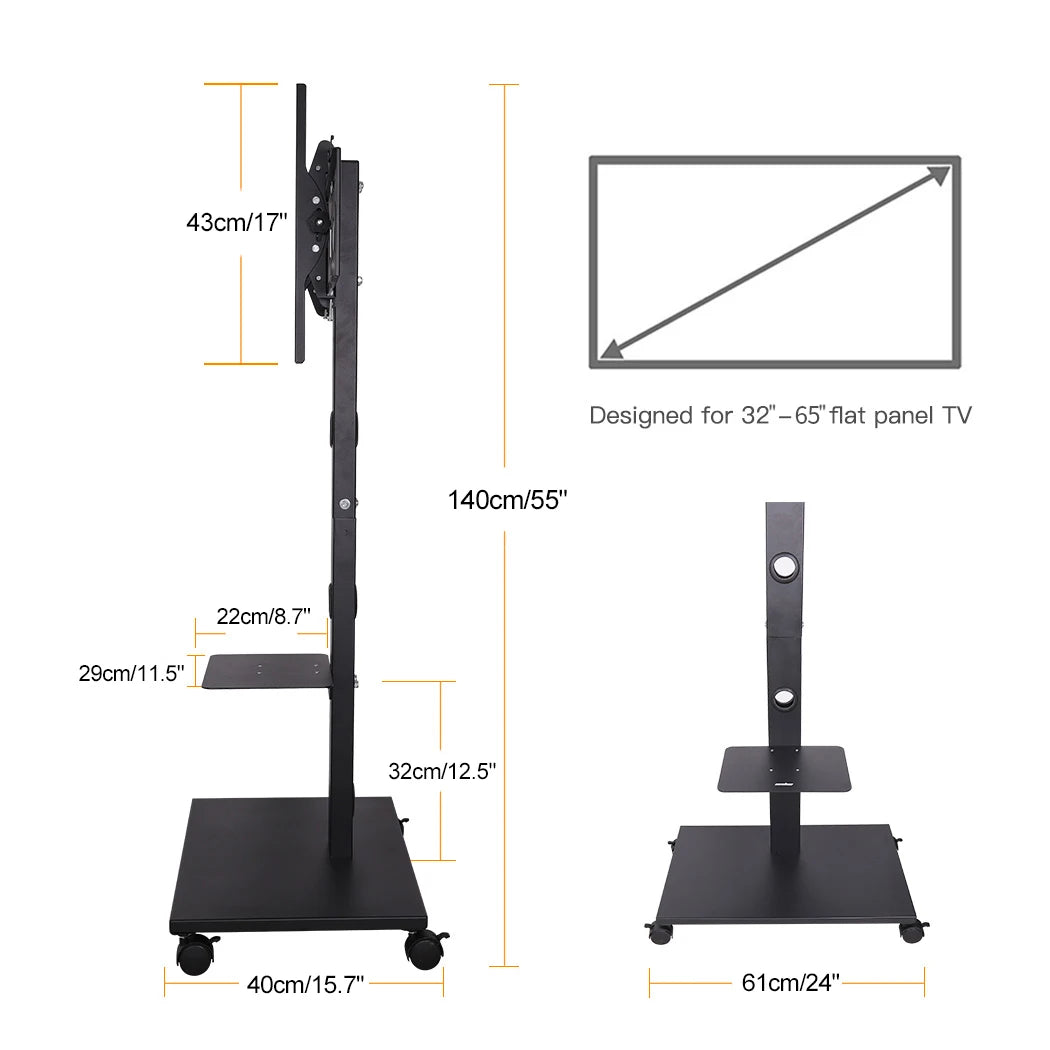 Tilting Height Adjustable TV Floor Stand Mount Display Trolley with Locking Wheels Two Shelves Free HD Cable for 32-65 Inch