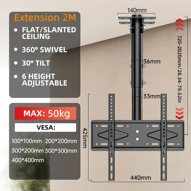 BEISHI TV Ceiling Mount Adjustable Bracket Fits Most LED, LCD Plasma Flat Screen Display 26 to 65 Inch, up to 110 Lbs 30° Tilt