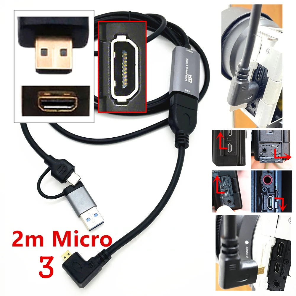 2in1 USB & Type-C to Micro / Mini HDMI-compatible Video Capture Card Live Streaming Cable for Sony Canon Nikon Fuji Camera PC 4K