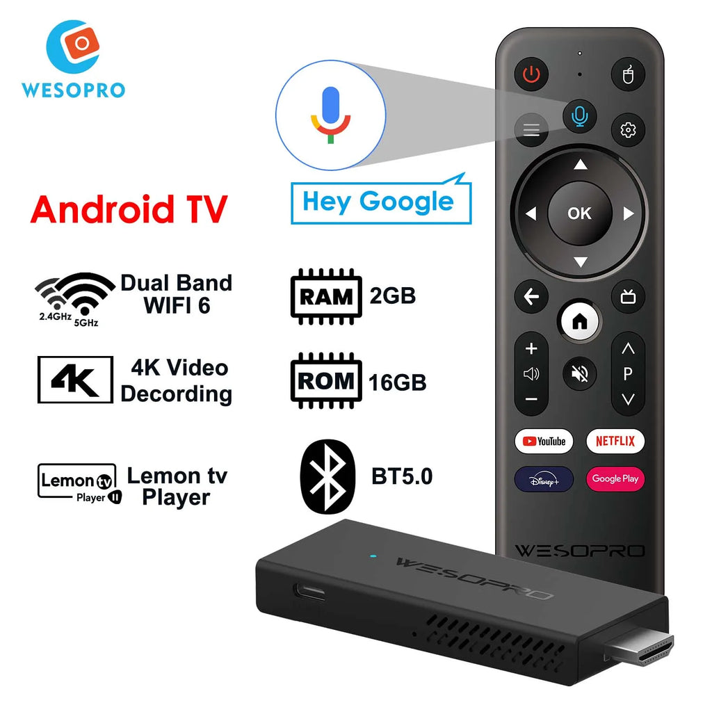 WESOPRO TV Stick G2 Android 12 Smart TV Dongle 2GB RAM 16GB ROM 2.4GHz 5.0GHz Wifi 6 BT5.0 H.265 4K 30pfs VS Xiaomi Mi TV Stick