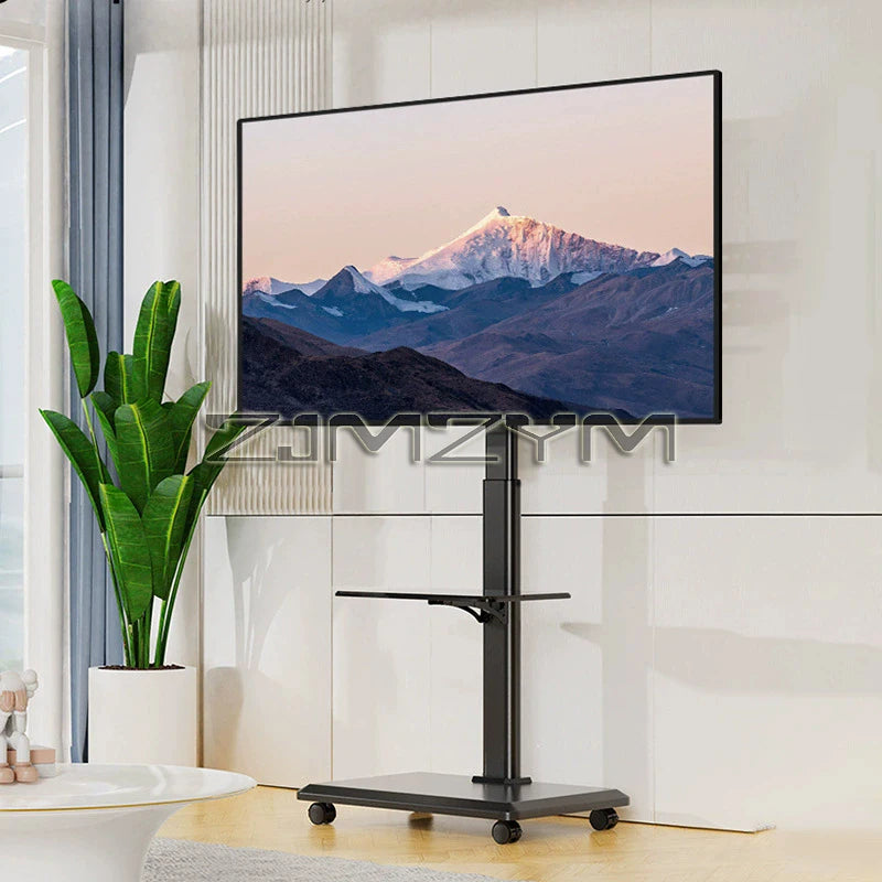 Mobile TV Stand Height Adjustable TV Stand with Wheels Double Tray for Audio-Visual Devices Rolling TV Stand