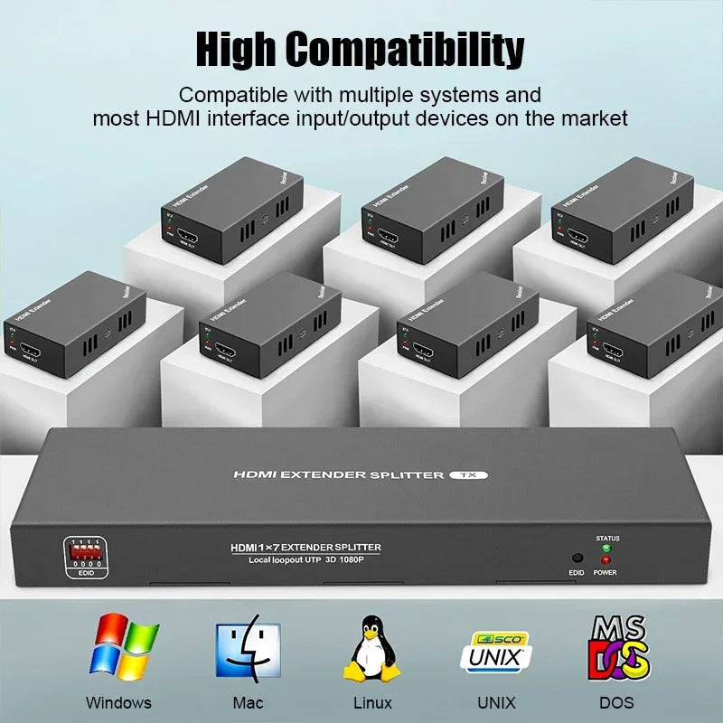 1080P HDMI Rj45 Extender By Ethernet Cat6 Cable 60m Video Transmitter Receiver Kit 1X1 1X2 1X4 1X7 Splitter