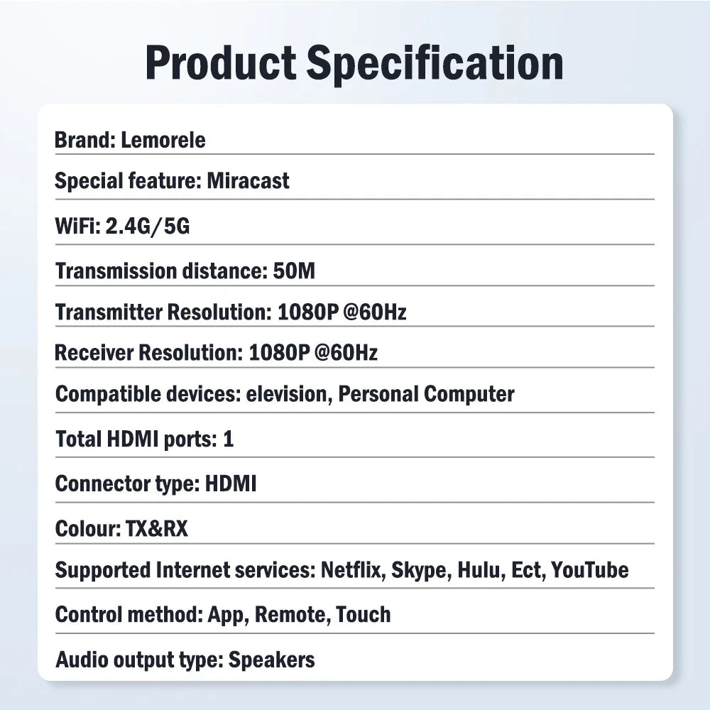 Lemorele 50M Wireless HDMI Transmitter Receiver 1080P Display Dongle Extender AV Adapter for Laptop TV Projector Monitor