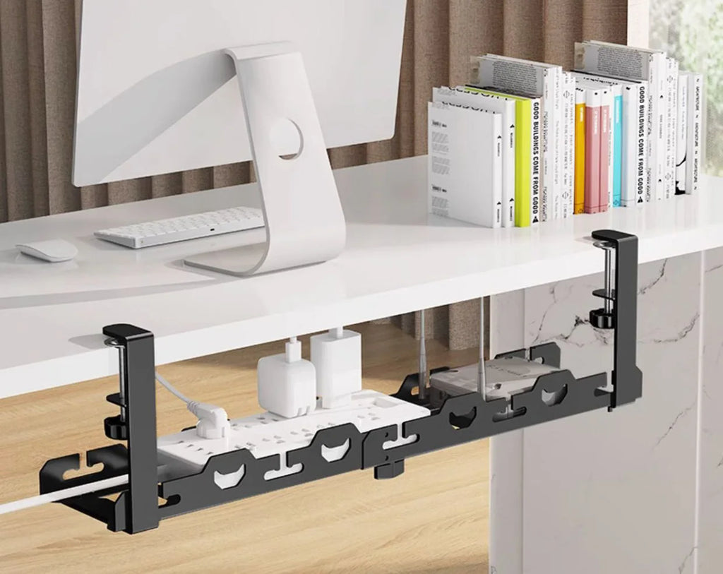 No Drilling Extendable Under Desk Cable Management Metal Cable Tray Under Desk With Clamp Retractable Power Strip Cord Holder