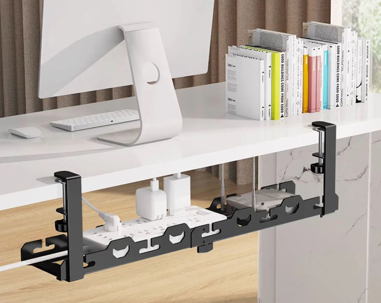 No Drilling Extendable Under Desk Cable Management Metal Cable Tray Under Desk With Clamp Retractable Power Strip Cord Holder