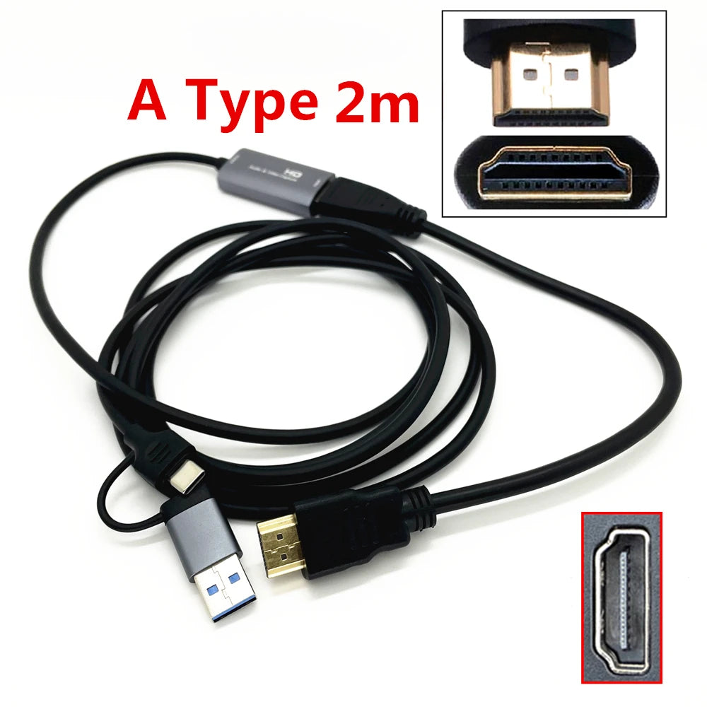 2in1 USB & Type-C to Micro / Mini HDMI-compatible Video Capture Card Live Streaming Cable for Sony Canon Nikon Fuji Camera PC 4K
