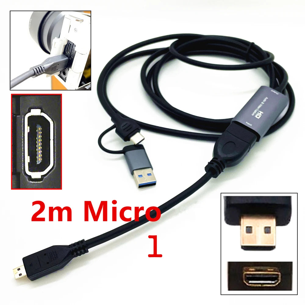 2in1 USB & Type-C to Micro / Mini HDMI-compatible Video Capture Card Live Streaming Cable for Sony Canon Nikon Fuji Camera PC 4K