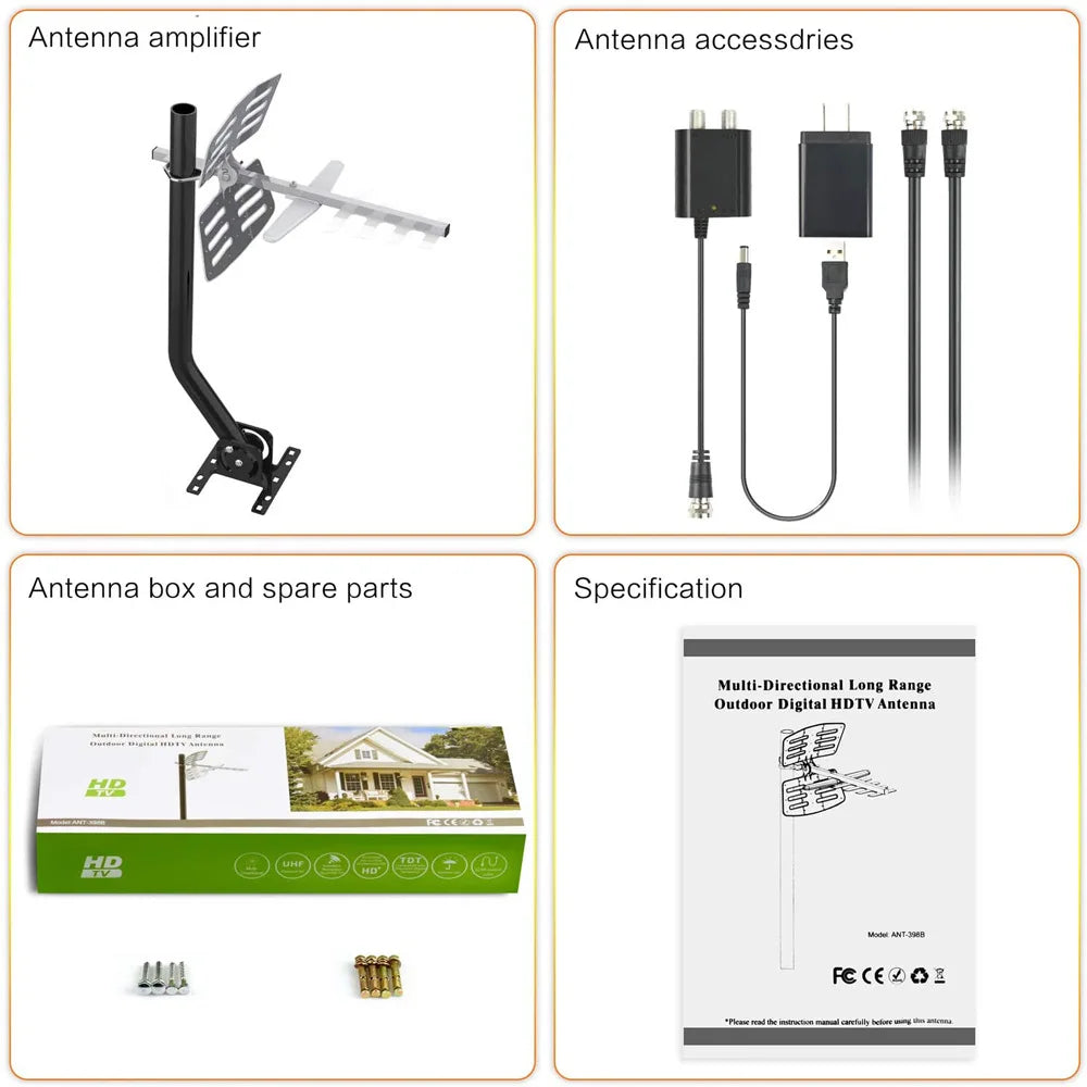 1500 Mile 32.8FT Outdoor Digital Amplified HDTV Antenna RG6 Coax Cable UHF VHF 1080P 4K Support 2 TVs Signal Amplified Booster