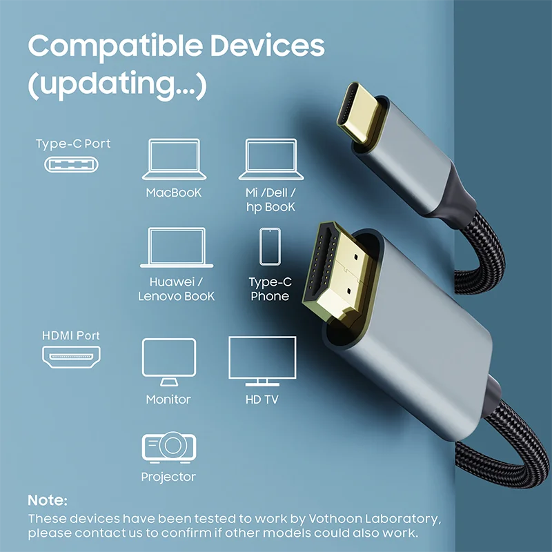 Vothoon USB C to HDMI Cable Adapter 4K 60Hz USB Type C to HDMI Cable Thunderbolt 3 Compatible with MacBook Pro Air iPad Pro