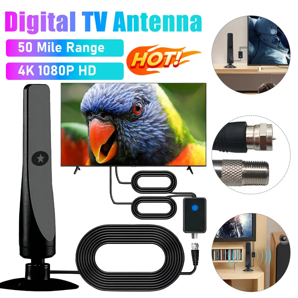 50 Miles TV Antenna HD Digital TV Antenna with Signal Booster Support 4K 1080P High Gain Aerial 25DBI Indoor Outdoor TV Antenna