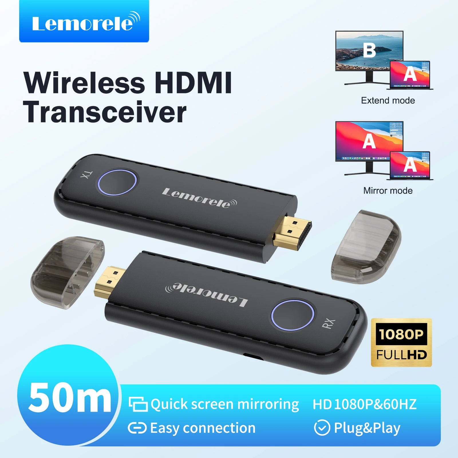 Lemorele 50M Wireless HDMI Transmitter Receiver 1080P Display Dongle Extender AV Adapter for Laptop TV Projector Monitor