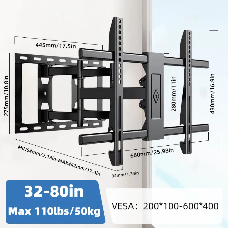 Sliding TV Wall Mount for 32-80" TVs Full Motion Articulating 6 Arms, Easy TV Centering, Max VESA 600x400mm, 1Max Load 176 lbs
