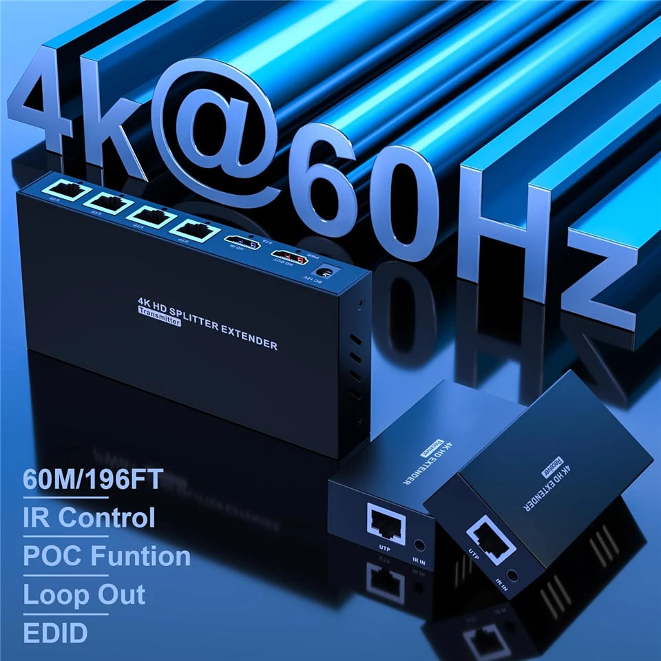 Navceker 4K 60Hz HDMI Extender Splitter 1x4 3D HDMI RJ45 Extender 60m Ethernet Transmission Over CAT5e/6/7 4 Channel 1 Loop Out