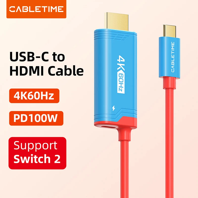 CABLETIME Switch 2 HDMI Cable USB C to HDMI Cable  Adapter 4K 60Hz HDR PD 100W for Nintendo Switch 1 Switch 2 OLED PS4/5 Laptops