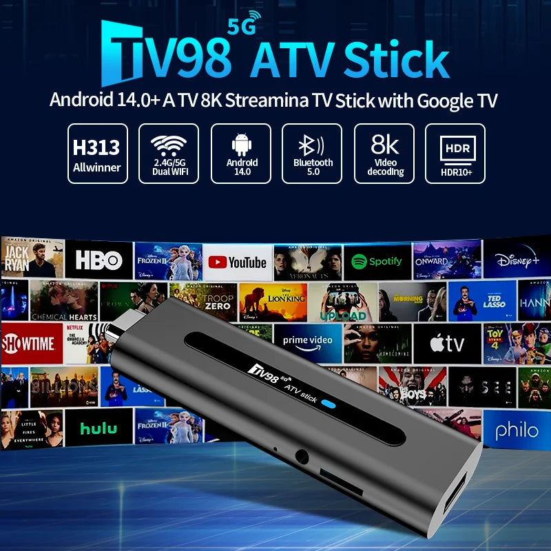 TV98 ATV Smart TV Stick 8K Android 14 H313 2.4G/5G Wifi Support OTA Media Player TV Receiver BT5.0 2GB 16GB Voice Remote TV Box