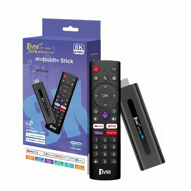 TV98 ATV Smart TV Stick 8K Android 14 H313 2.4G/5G Wifi Support OTA Media Player TV Receiver BT5.0 2GB 16GB Voice Remote TV Box