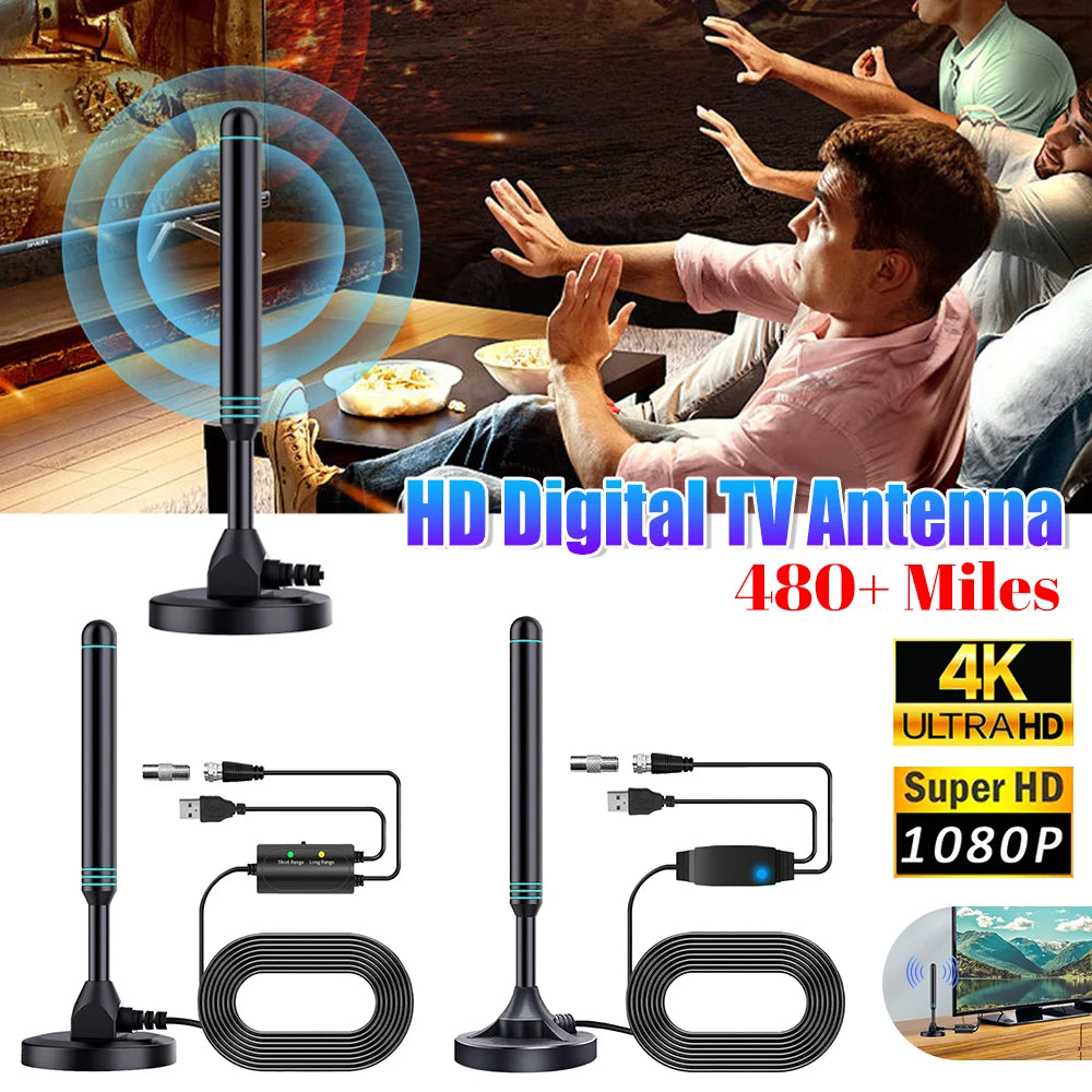 4K/1080P HD Digital TV Antenna with Signal Amplifier 480+ Miles Indoor Outdoor Antenna Magnetic Base VHF UHF Digital HD Aerial