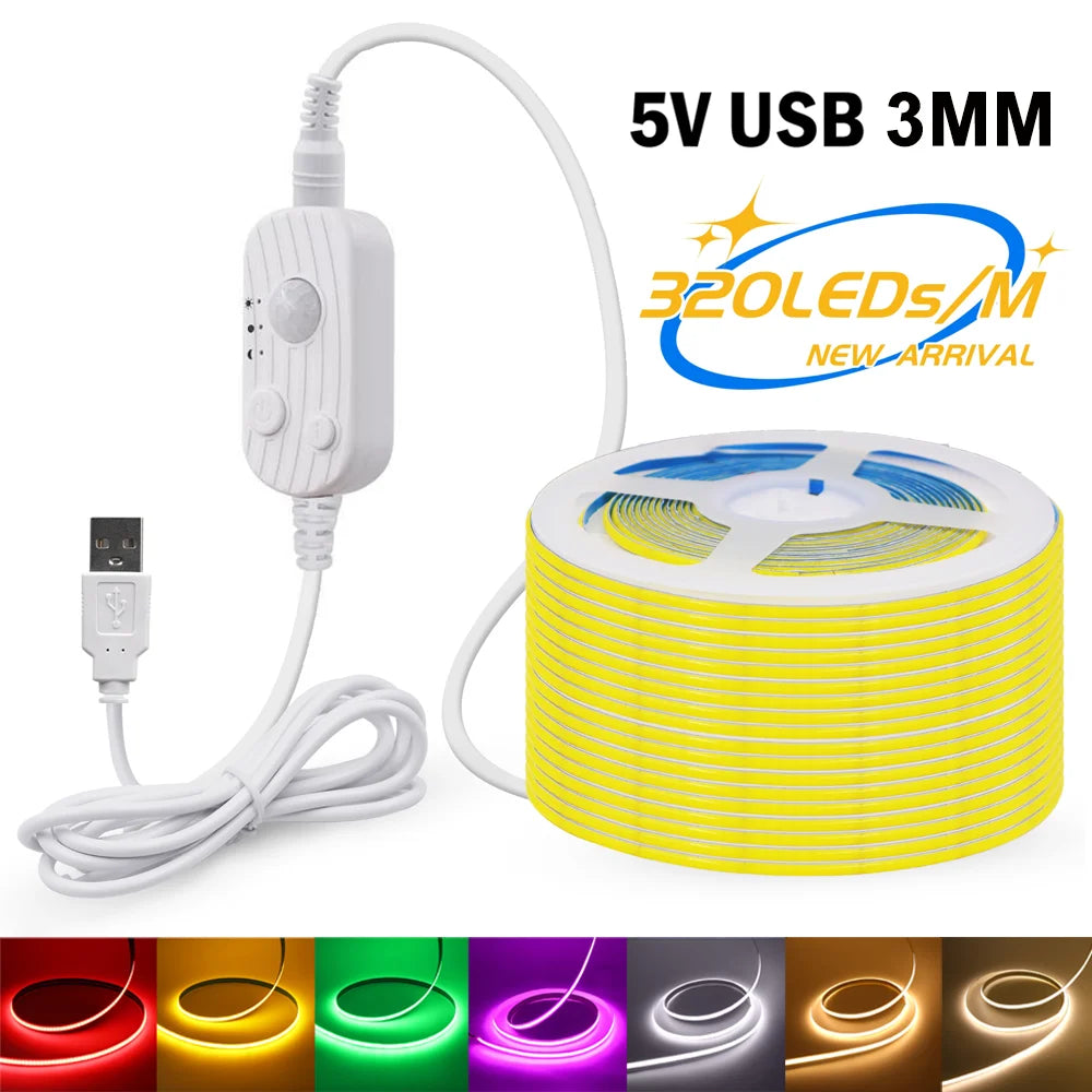 LED COB Light Strip Motion Sensor Flexible Diode Tape 3mm 5V USB Linear Indoor Lighting Lamp Room DIY TV Mirror Backlight