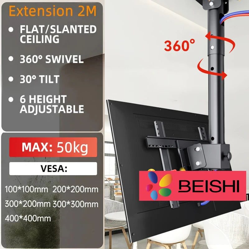 BEISHI TV Ceiling Mount Adjustable Bracket Fits Most LED, LCD Plasma Flat Screen Display 26 to 65 Inch, up to 110 Lbs 30° Tilt