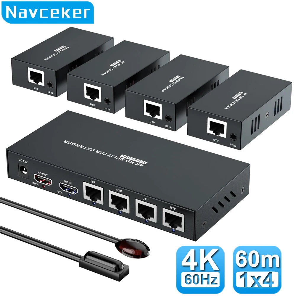 Navceker 4K 60Hz HDMI Extender Splitter 1x4 3D HDMI RJ45 Extender 60m Ethernet Transmission Over CAT5e/6/7 4 Channel 1 Loop Out