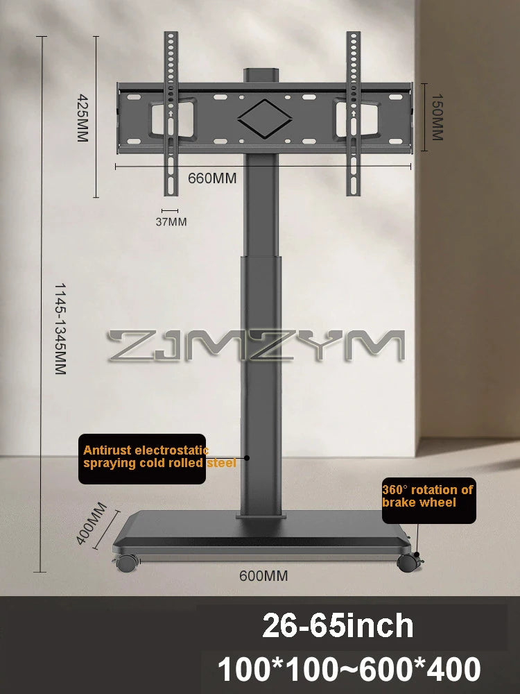 Mobile TV Stand Height Adjustable TV Stand with Wheels Double Tray for Audio-Visual Devices Rolling TV Stand