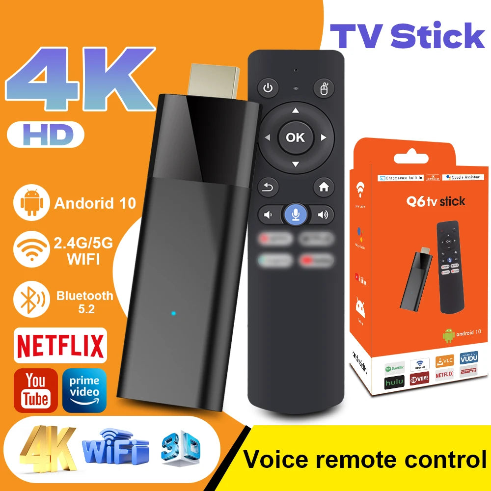 Android Tv Stick Janmifly Q6 2.4G/5G Wifi Bluetooth 5.2 Voice Remote Android 10 4K Video Netflix Youtube Fast Streaming Tv Stick
