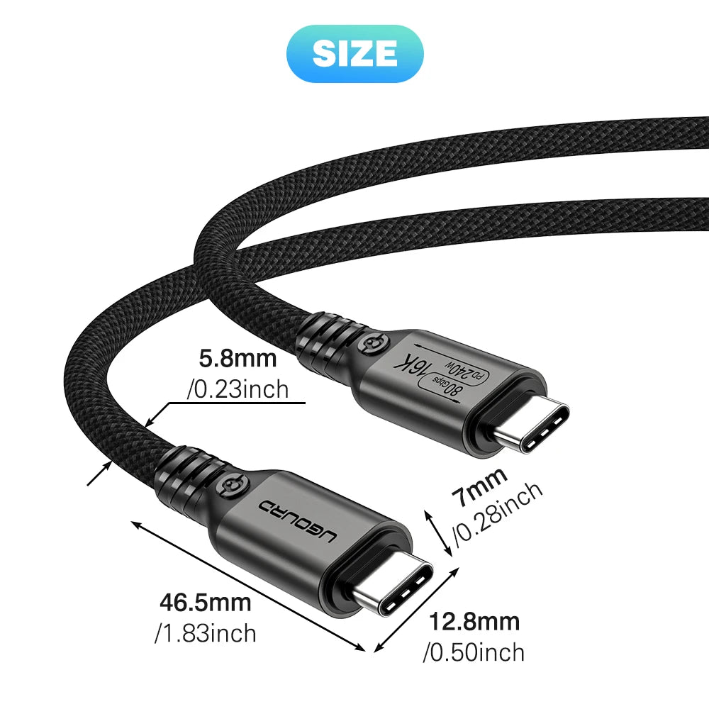 UGOURD 80Gbps Thunderbolt 5 Cable Certified Chip USB-C Thunderbolt5 2m 0.3m 120Gbps 240W 16K for MacBook M.2 Hard Drive USB4-V2