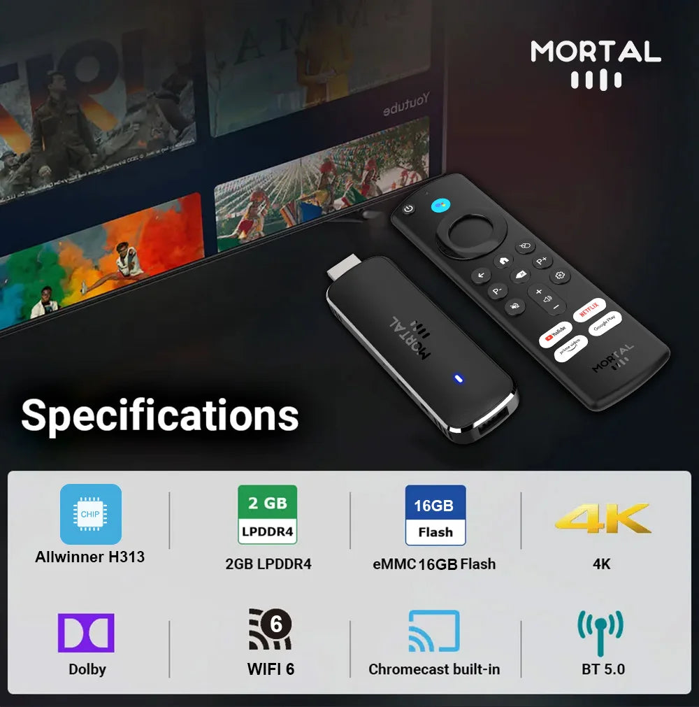 Android14 TV Stick  Mortal Q8 Global Version  Allwinner H313 Chip Wifi6 Voice Remote 8K 4K@60fps YouTube Stream TV stick 2G8G16G