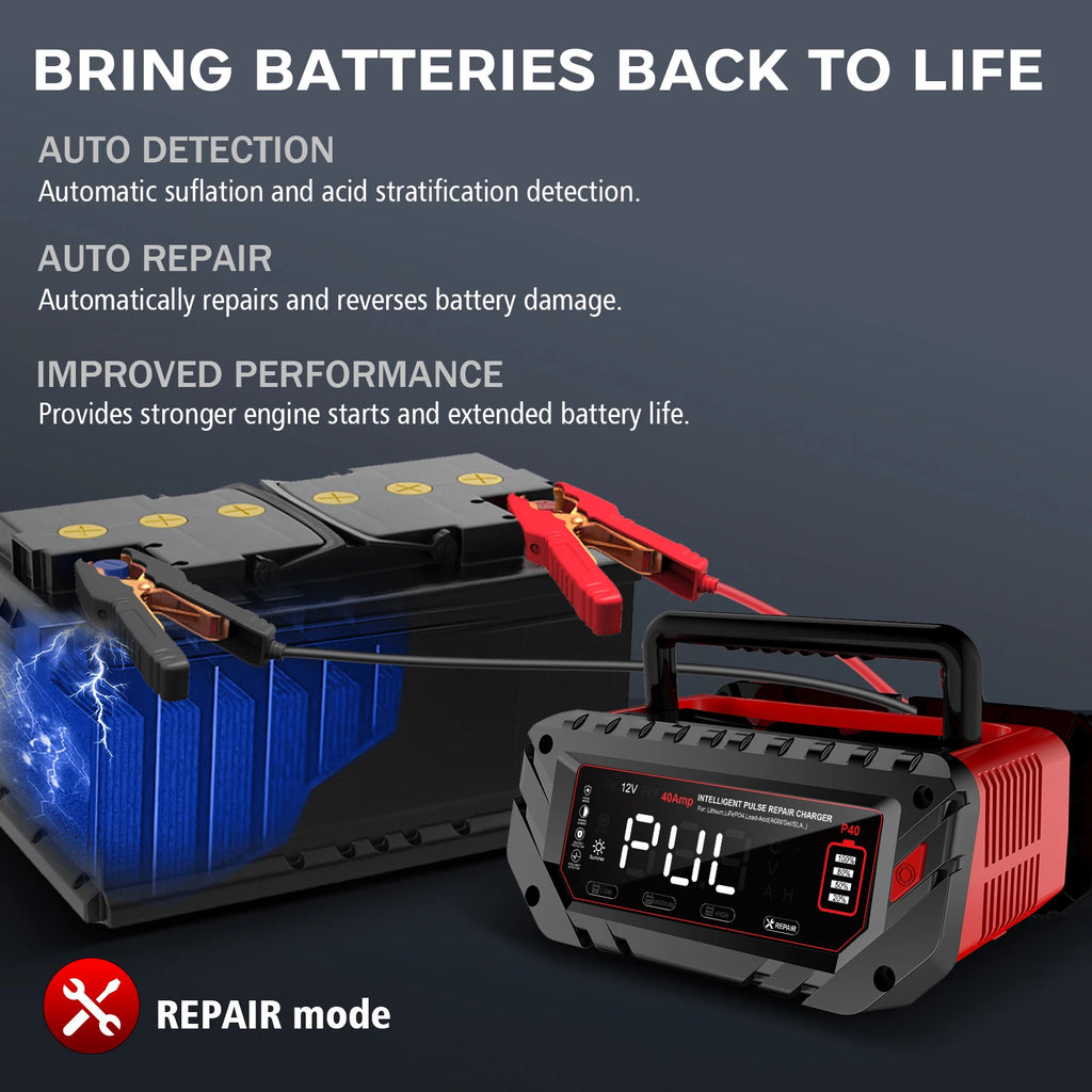 HTRC 40A Battery Charger 6V/12V/24V Automatic Charger for Lithium AGM GEL LiFePO4 Lead-Acid Batteries Car Motorcycle Charger