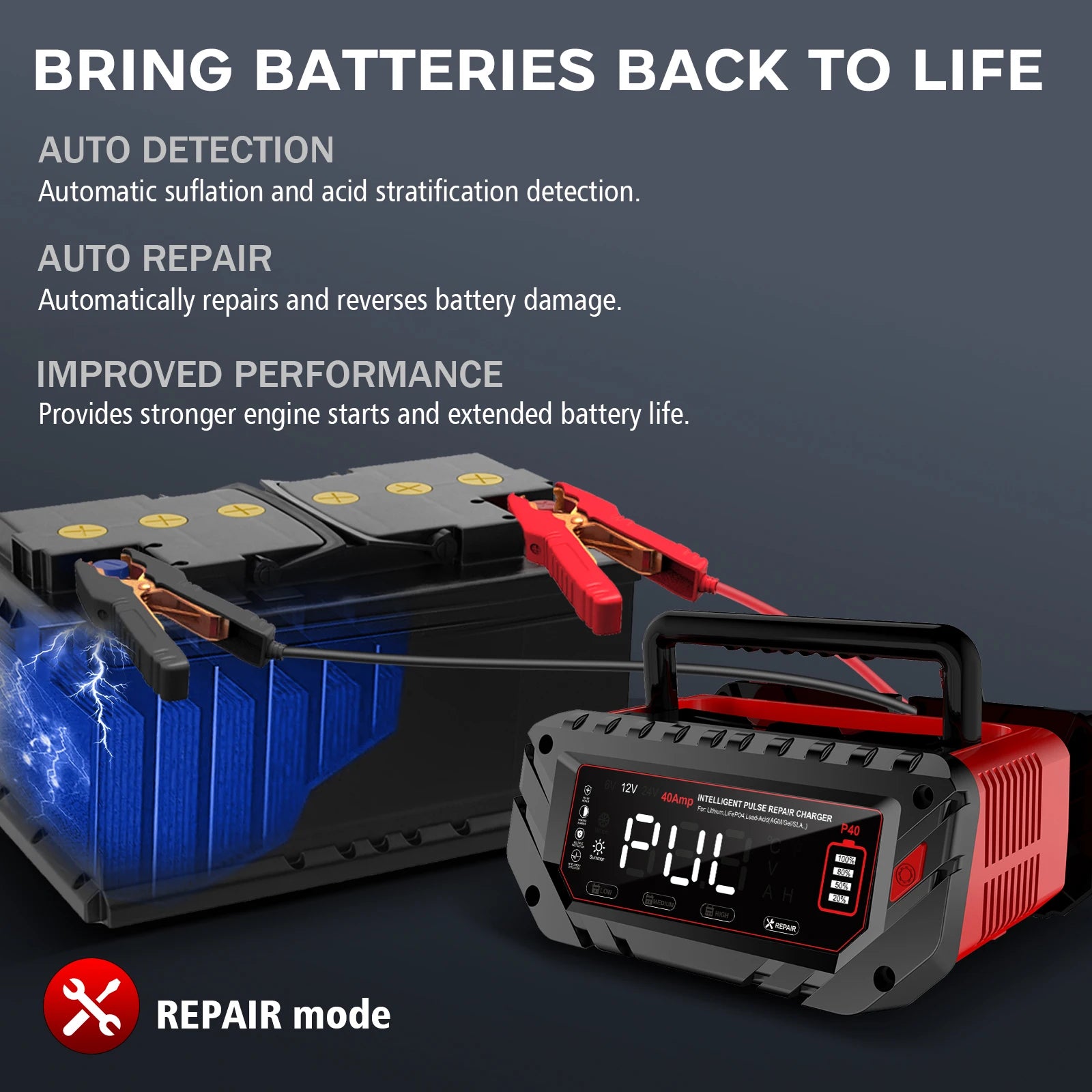 HTRC 40A Battery Charger 6V/12V/24V Automatic Charger for Lithium AGM GEL LiFePO4 Lead-Acid Batteries Car Motorcycle Charger