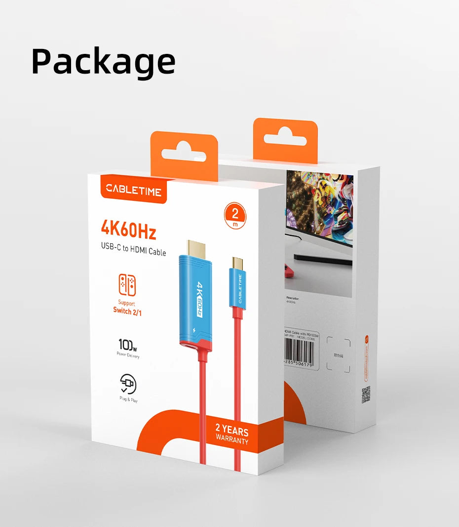 CABLETIME Switch 2 HDMI Cable USB C to HDMI Cable  Adapter 4K 60Hz HDR PD 100W for Nintendo Switch 1 Switch 2 OLED PS4/5 Laptops