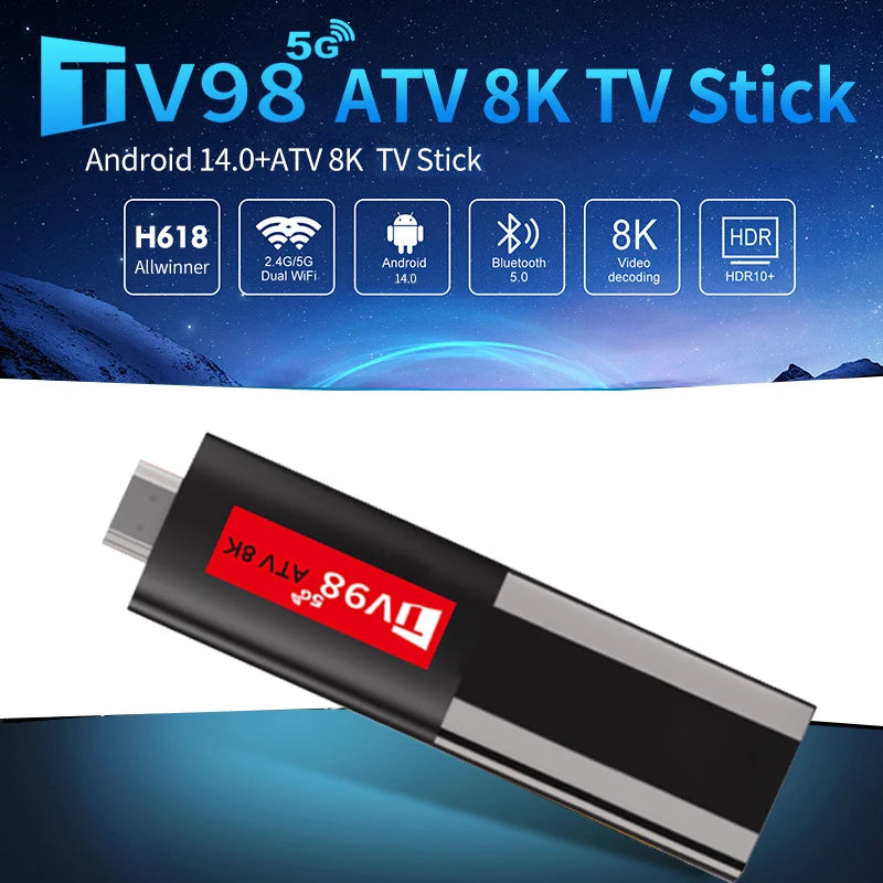 Android 14 TV Stick TV98 ATV 8K Mini Support 8K 4K Video BT5.0 4G 5G Dual WiFi 6 Voice Remote H618 Quad Core A53 Smart TV Stick