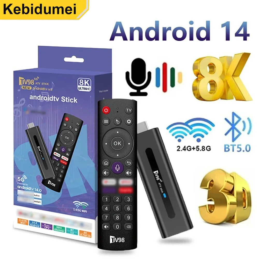 TV98 ATV Android 14 Smart TV Stick 8K 2.4G 5G Dual WiFi BT 5.0 Set Top Box HDR10 Voice remote TV Box Allwinner H313 Media Player