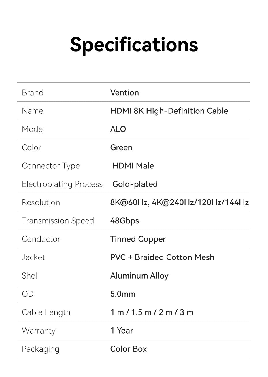 Vention 8K 60Hz HDMI 2.1 Cable 48Gbps High Speed Certified HDMI-Compatible Adapter Cable for PS4 Switch PC Laptop Xiaomi HD TV