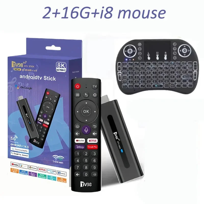 TV98 ATV Smart TV Stick 8K Android 14 H313 2.4G/5G Wifi Support OTA Media Player TV Receiver BT5.0 2GB 16GB Voice Remote TV Box